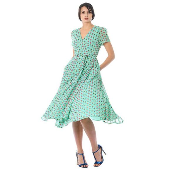 eShakti Women's 14 Owl Print Chiffon Midi Wrap Dress Sea Green / Coral Multi - Picture 1 of 13